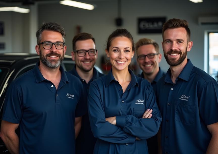 Équipe Éclat Auto Detail souriante dans l’atelier à Marseille